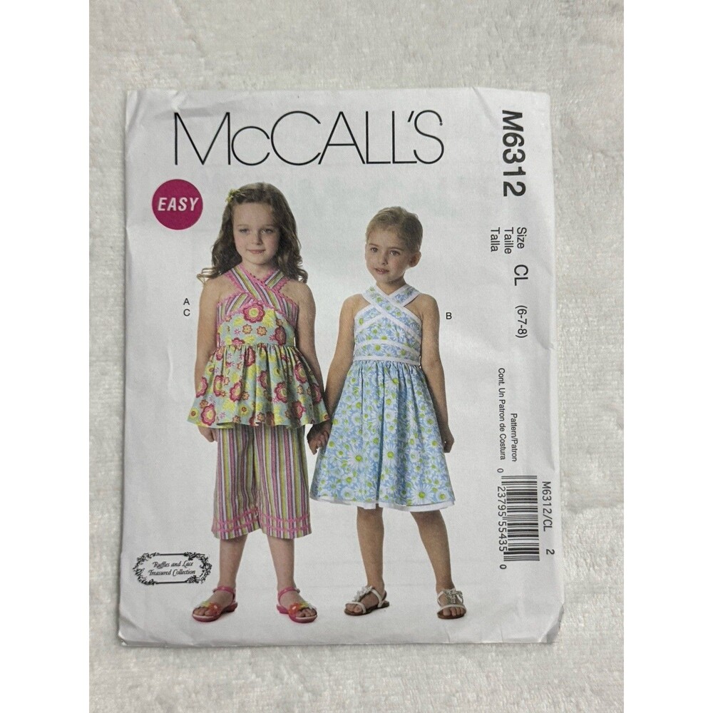 McCalls M6312 Sewing Pattern Girls Size 6 7 8 Top Dress Belt Capri Pants